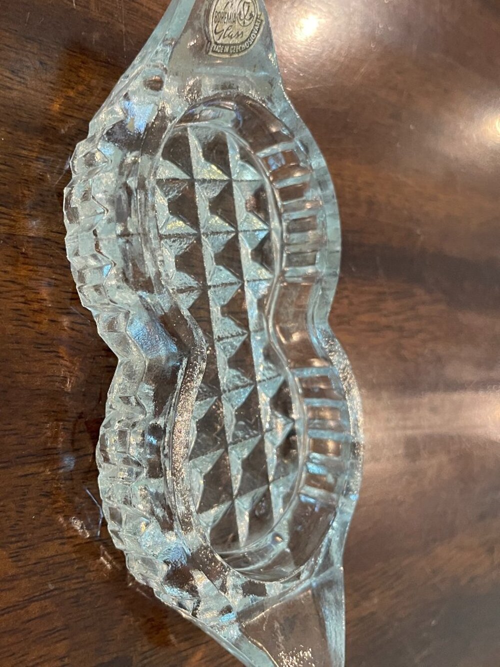 Bohemian Czech Clear Glass Peanut Shaped Trinket Dish 6" x 2.5"